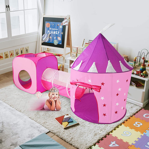 Gift for Girls, Princess Tent with Tunnel, Kids Castle Playhouse & Princess Dress up Pop Up Play Tent Set, Glow in The Dark Stars, Indoor
