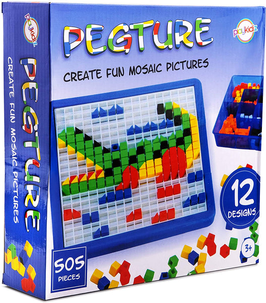 Pegture Set with 505 Larger Pieces + 12 Design Cards. Mosaic Puzzle Toy Set, Creative Skills Development, Educational Learning Toys for Kid.